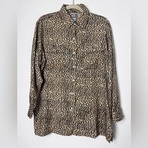 Vintage Clio Leopard Print 100% Silk Safari Utility Blouse Top Chest Pockets S/M